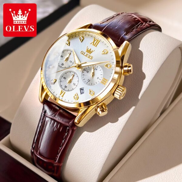 OLEVS Quartz Women Watch Three Eye Chronograph Hand Clock Leather Strap Luminous Waterproof Luxury Brand Quartz Watch for Ladies