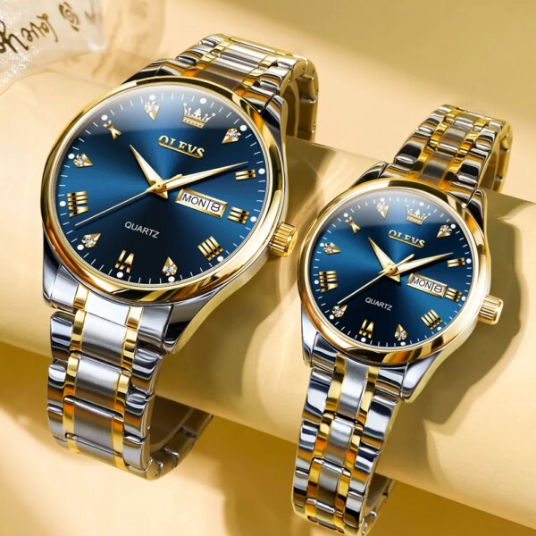 OLEVS Sets of Watches for Him and for Her Women And Men Wristwatches Stainless Steel Blue Couple Items for Lovers Montre Homme