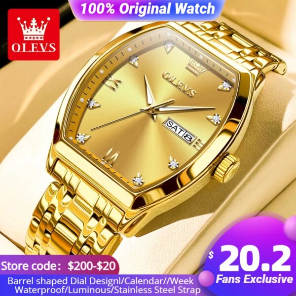 OLEVS Tonneau Dial Quartz Watch for Men Luxury Diamond  Elegant Stainless steel Waterproof Luminous TOP Brand Wristwatch 5528