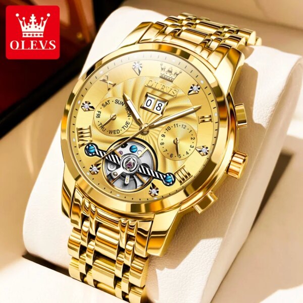 OLEVS Top Brand Watch for Men Luxury Golden Automatic Mechanical Men's Watches Original Stainless Steel Skeleton Man Wristwatch