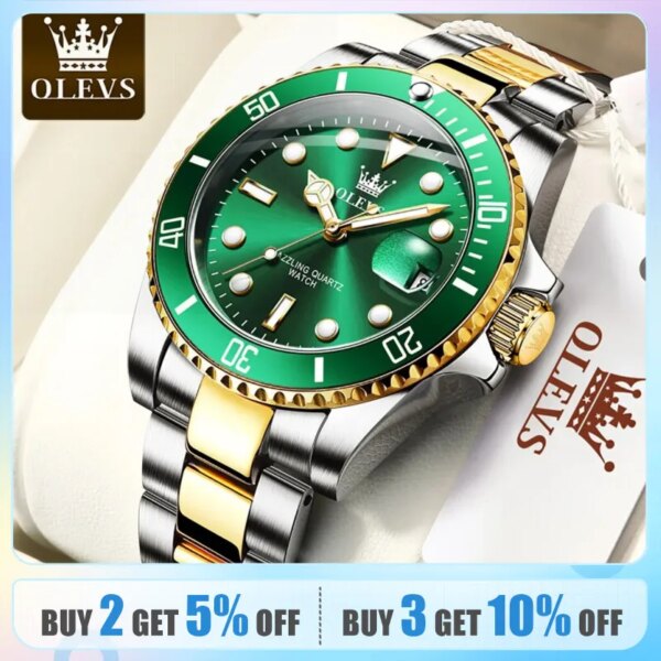 OLEVS Top Original Men Quartz Watch Green Waterproof Watch for Men Stainless Steel Quartz Men Luxury Watch Luminous Wristwatch