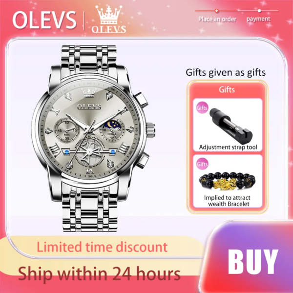 OLEVS Top Original Wristwatch Roman Scale Quartz Watch For Men Luminous Moon Phase Waterproof Man Dress Men's Watch Chronograph