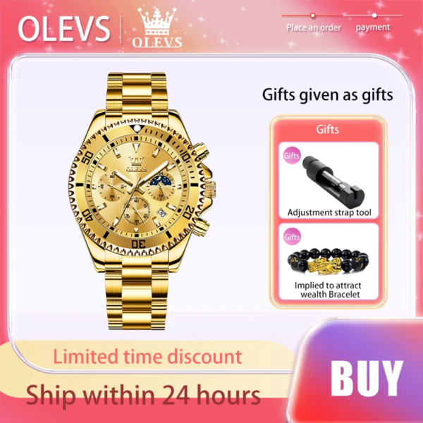 OLEVS Top Wristwatch Brand Stainless Steel Strap Men's Watches Gold Luxury waterproof Original Quartz Watch Moon Phase Luminous