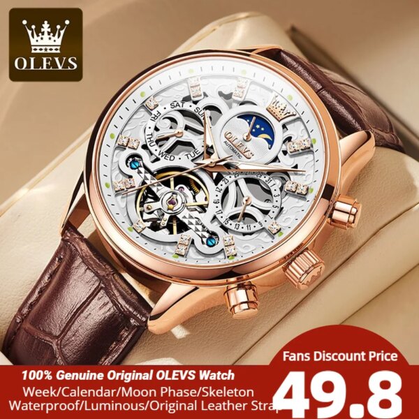 OLEVS Watches for Men Automatic Mechanical Watch Waterproof Hollow out Noctiucent Skeleton Automatic Wind up Male Wristwatch