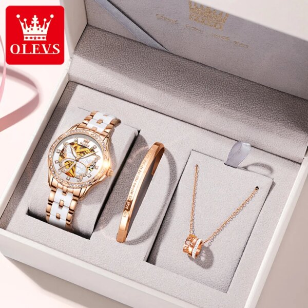 OLEVS Women Elegant Mechanical Watch Fashion Luxury Original Butterfly Design Dial Automatic Ladies Ceramics Watches Gifts Set