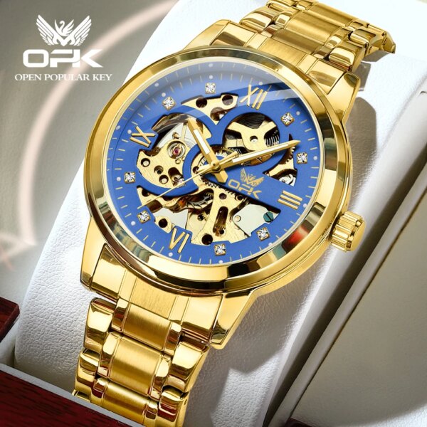 OPK Automatic Mechanical Men's Watch Skeleton Hollow Stainless Steel Luminous Waterproof Wristwatch Relógio Masculino 9901