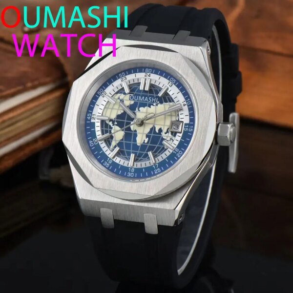 OUMASHI 42mm Miyota8215 Watch Globe Luxury Men's Date Glow Watch Sapphire Glass Waterproof 100 meter Rubber Band and Steel Band