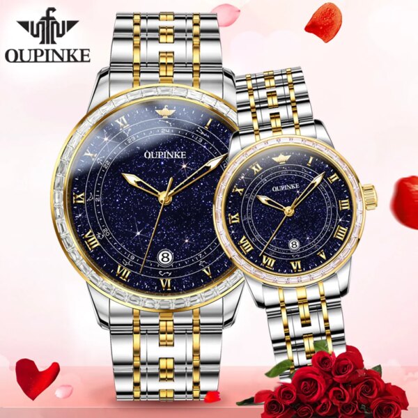 OUPINKE 3203 Luxury Diamond Starry Sky Couple Watch Brand Lover Gift Automatic Mechanical Watch Elegant Women's Watch Gift Set