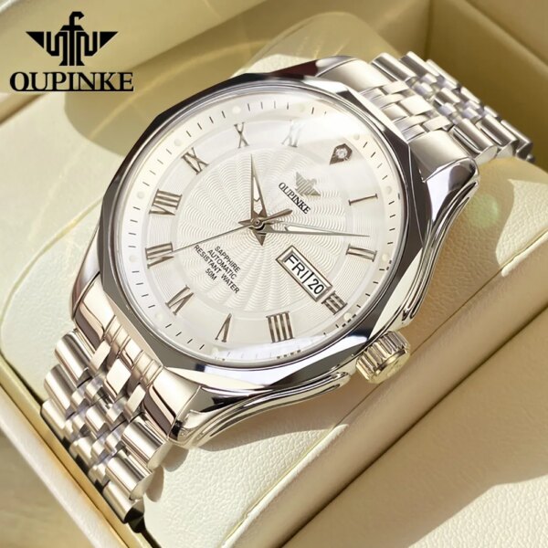 OUPINKE 3207 Real Diamond Luxury Automatic Watch For Men Dual Calendar Swiss Brand Men's Watch Waterproof Mechanical Hand Clock