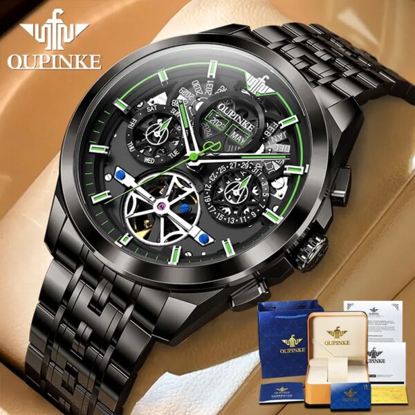 OUPINKE 3235 Black Steel Mechanical Men's Watches Luxury Chronograph Dual Calendar Display Fully Automatic Wristwatch for Men