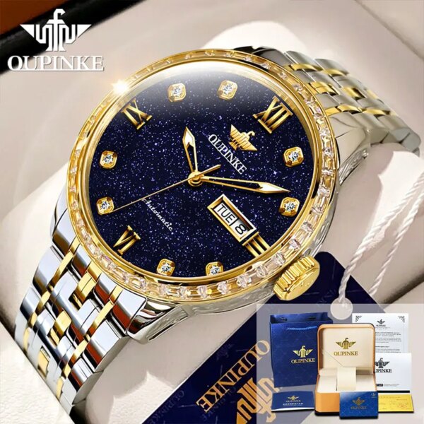 OUPINKE 3241 Blue Starry sky Full Diamond Wristwatch for Men Imported Automatic Mechanical Movements Dual Calendar Watch Men NEW