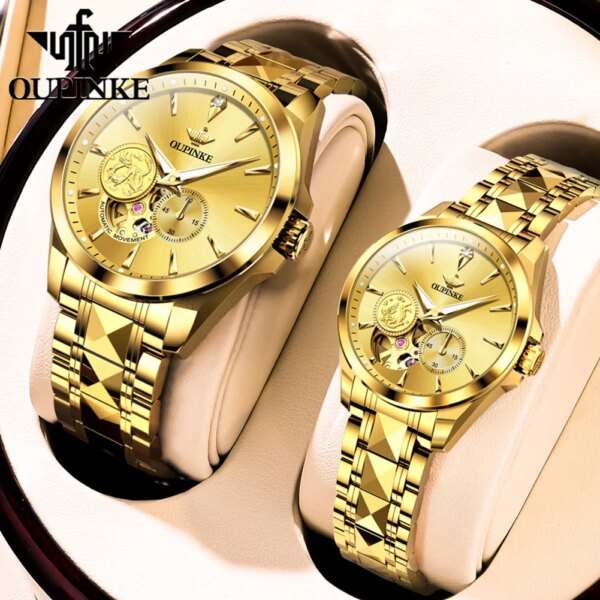 OUPINKE 3260 Real Diamond Mechanical Couple Watch For Men Women Real Gold Hollow Dial Top Brand Original Automatic Hand Clock