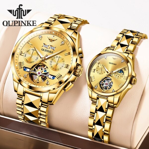 OUPINKE Automatic Couple Watch for Men and Women Luxury Golden Skeleton Mechanical Lover's Watches Original High Quality Watch