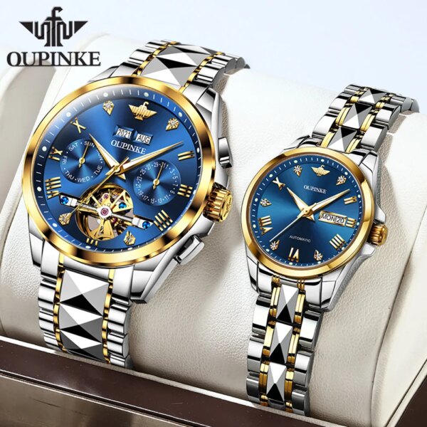 OUPINKE Automatic Mechanical Watch For Men Women Luxury Couple Hand Clock 50M Waterproof Swiss Brand Auto Date Original Watches