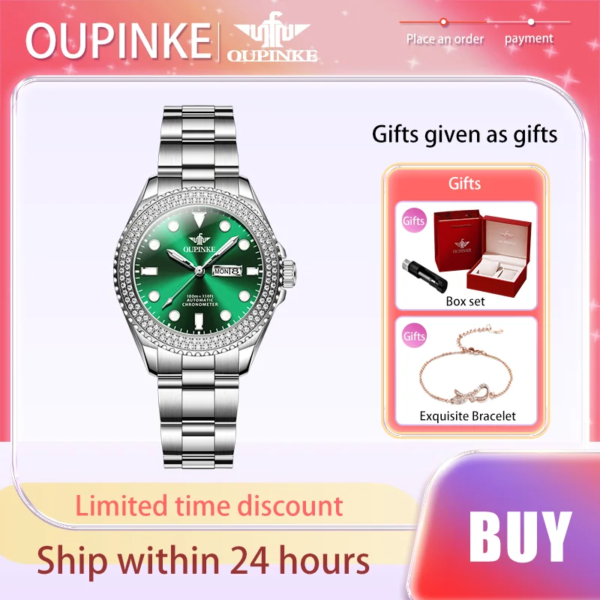 OUPINKE Fashion Luxury Women's Watches Waterproof Elegant Automatic Mechanical Watch for Lady Precision Steel Strap Bracelet Set