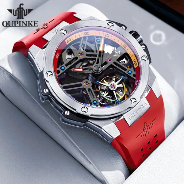 OUPINKE Fashion Men's Watch Silicon Tape Automatic Mechanical Watch Tourbillon Movement  Top Original Male Wristwatch Waterproof