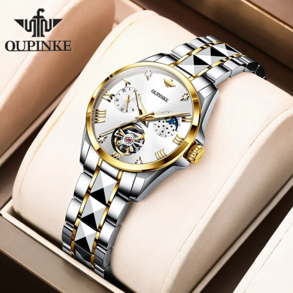 OUPINKE Luxury Brand Automatic Mechanical Watch for Women Skeleton Design Elegant Women's Waterproof Wristwatch Moon Phase Watch