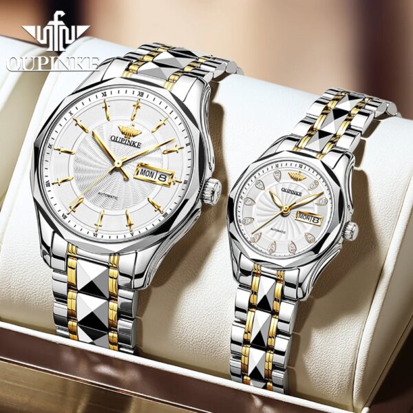 OUPINKE Luxury Couple Automatic Mechanical Watch For Men Women Dual Calendar Waterproof Tungsten steel Band Wristwatch Man 3172