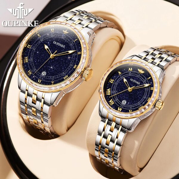 OUPINKE NEW 3203 Couple Watches Imported Mechancial Wristwatch for Men Women Luxury Brand Starry Sky Diamond Lover's Watches Set