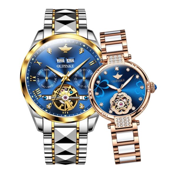 OUPINKE Original Couple Watch Pair Skeleton Flywheel Automatic Mechanical Wristwatch for Lover's Luxury Watch for Men and Women