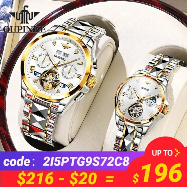 OUPINKE Original Luxury Couple Watches Sapphire Mirror Tourbillon Wristwatch His or Hers Automatic Mechanical Couple Watch Set