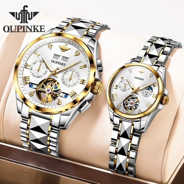 OUPINKE  Skeleton Flywheel Couple Watch for Men Women Top Luxury Automatic Mechanical Wristwatch Sapphire Mirror Lover's Watches