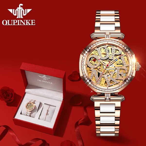 OUPINKE Top Brand Women Watches Luxury Elegant Automatic Mechanical Wristwatch Waterproof Sapphire Mirror Bracelet Necklace Set