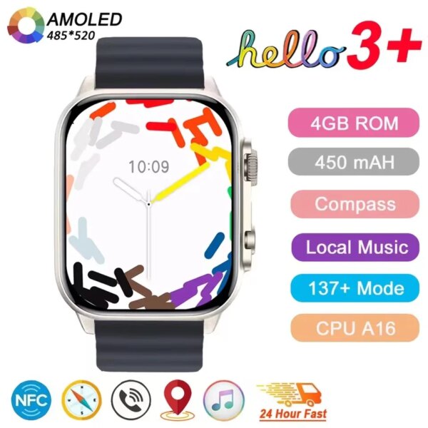 Original Hello Watch 3 Plus Smart Watch Men AMOLED NFC Compass Smartwatch Always on Display 4GB ROM Local Music for Android IOS