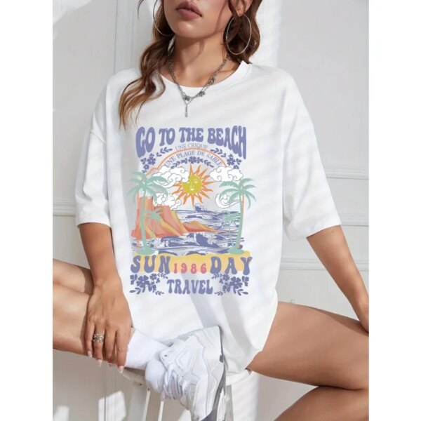 Oversized Y2K American Retro Casual Short-sleeved T-shirt Coconut Tree Print Loose Drop Shoulder Tops Women's Activewear  Gothic