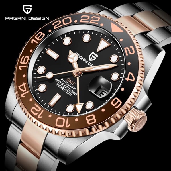 PAGANI DESIGN New Rose Gold Ceramic Bezel GMT Watch Luxury Sapphire Glass Automatic Watch Stainless Steel Men's Mechanical Watch