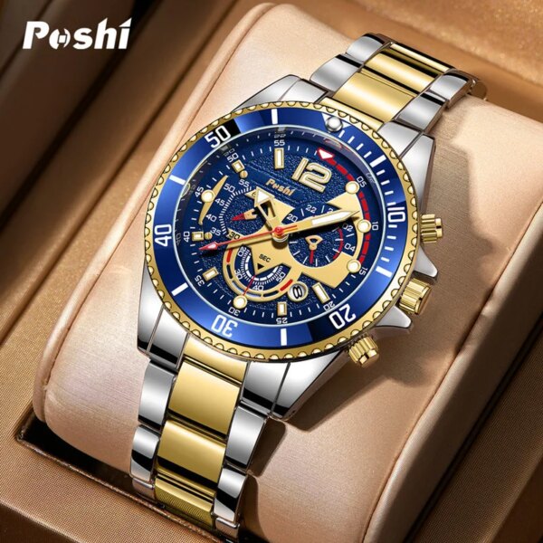 POSHI Men's Watch Luxury Waterproof Men Quartz Wathes Chronograph Luminous Alloy Strap Date Business Wristwatch Clock for man