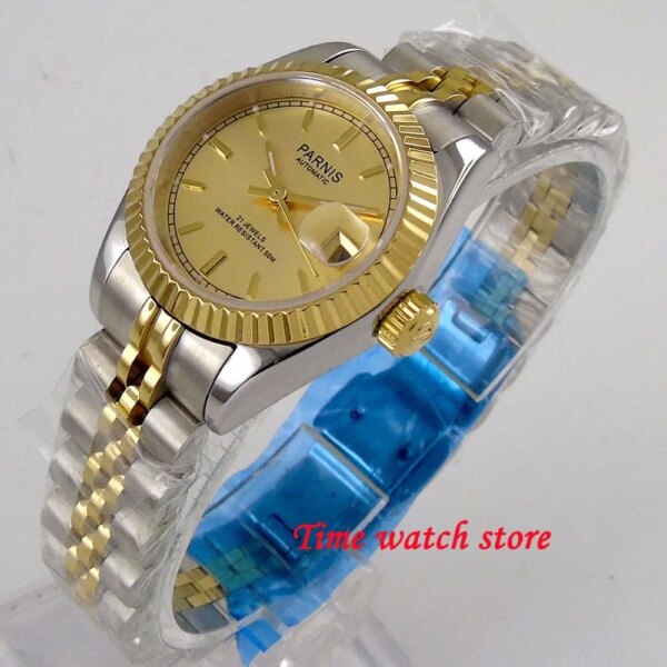 Parnis 26mm Ladies Watch Japan Miyota 6T51 Sapphire Glass Automatic Movement Womens Wristwatch Date Golden Dial Bezel solid