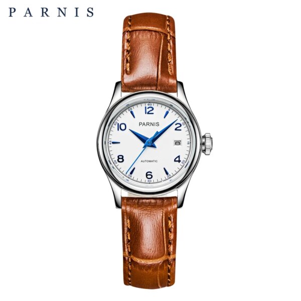 Parnis 26mm White Dial Mechanical Automatic Women Watch Luxury Sapphire Crystal Leather Strap Ladies Watch Women Wristwatches