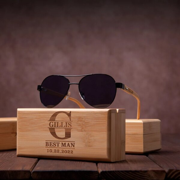 Personalized Custom Sunglasses with Wooden Box Classic Fashion Wooden Legs Metal Sunglasses Wedding Groomsmen Gift