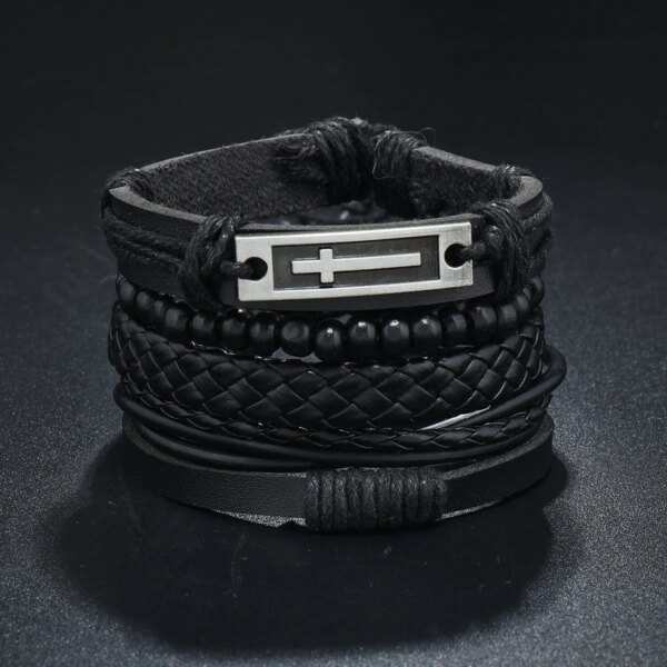 Punk Leather Bracelet Men Multiple Woven Bracelets with Black Wood Beads Decorative Ornaments Drawstring Bracelet Jewelry Men