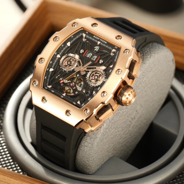 REEF TIGER Titan Rose Gold Tonneau Multifunctional Mechanical Watch For Men Tourbillon Design Waterproof Automatic Watch RGA3009