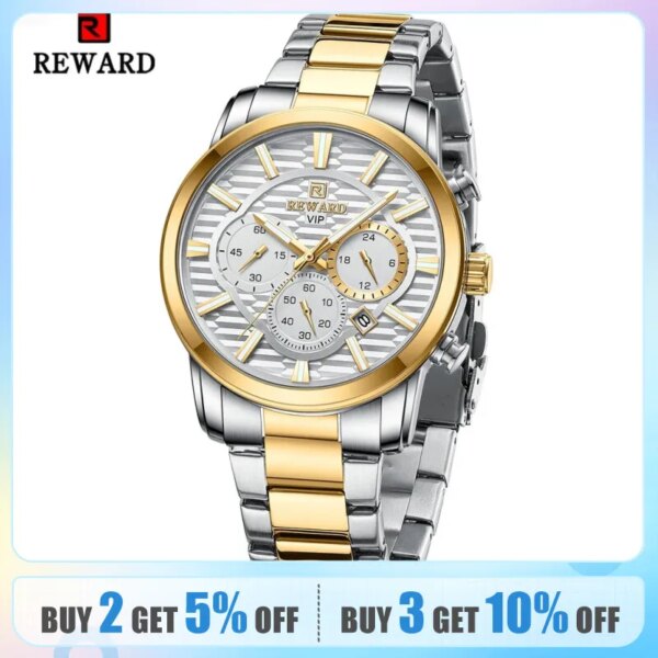 REWARD VIP Mens Quartz Watches Chronograph Luminous Waterproof Date Stainless Steel Silver Wristwatch for Men