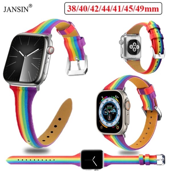 Rainbow Colorful Leather Strap For Apple Watch 9 8 7 41mm 45mm Band For iWatch Series 7 6 5 SE Ultra 2 49mm 40mm 44mm Watchband