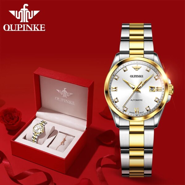 Real Diamond OUPINKE 3199 Automatic Mechanical Watch for Women Gold Wristwatch Sapphire Mirror 50ATM Waterproof Wathc for Ladies