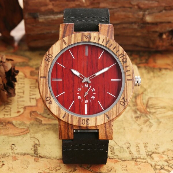 Red Wooden Watch Men Small Seconds Display Men's Luminous Pointers Clock Male Black Leather Simple Quartz Wood Wristwatch reloj