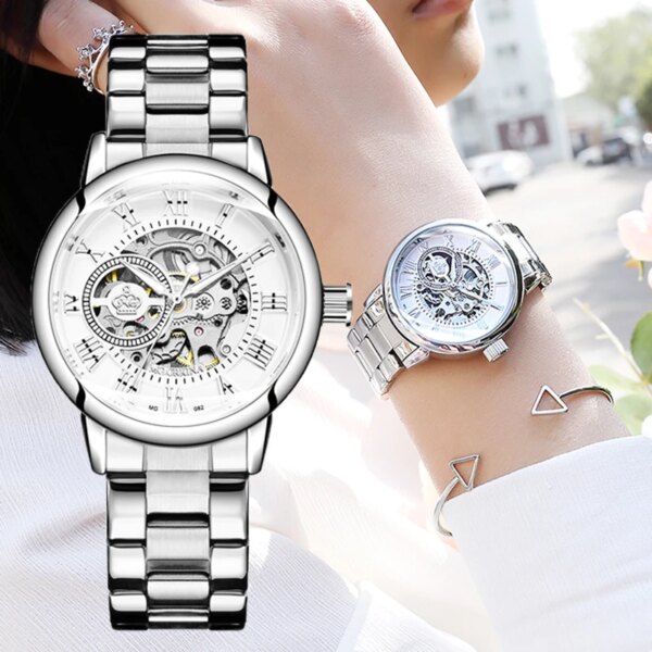 Reloj Mujer Montre Femme 2023 Silver Women's Dress Watches Ladies Stainless Steel Strap Skeleton Automatic Mechanical Watches