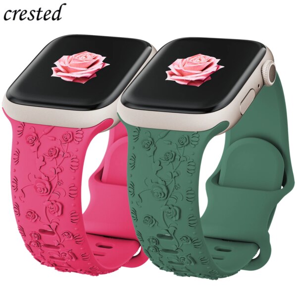 Rose Engraved Strap for Apple watch band 45mm 40mm 44mm 49mm 41mm 38mm 42mm Silicone bracelet iWatch Series 9 8 7 6 3 SE ultra 2