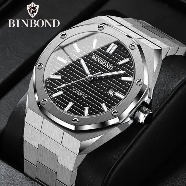 Royal Casual Men Watches Big Dial Silver BINBOND B0233 Stainless Steel Calendar Quartz Wristwatch Classic Top Brand Male Clock