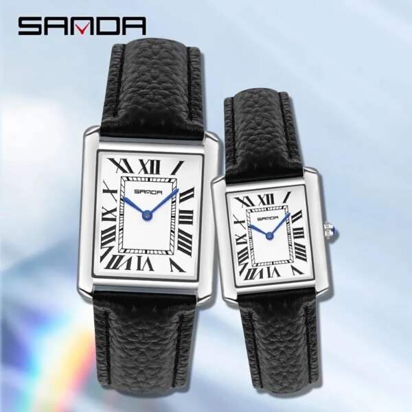 SANDA 1108 9031 New Luxury Brand Couple Watches Women Men Waterproof Clock Quartz Wristwatches Leather Strap Ladies Square Watch