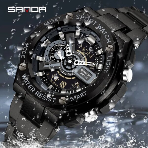 SANDA 3170 New Handlift Light Multi Functional Sports Waterproof And Shockproof Alarm Clock Men's Watches Digital Wristwatches