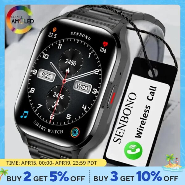 SENBONO AIR3 2024 New AMOLED Men Smart Watch Bluetooth Call 24H Health Tracker NFC Sport Smartwatch Men Women for IOS Android