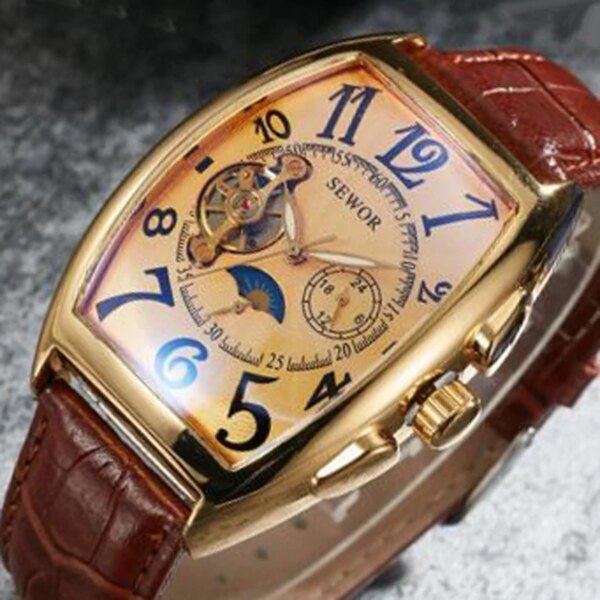 SEWOR Luxury Gold Tourbillon Watches Mon Phase Small Seconds Leather Strap Automatic Mechanical Wristwatches Relogio Masculino