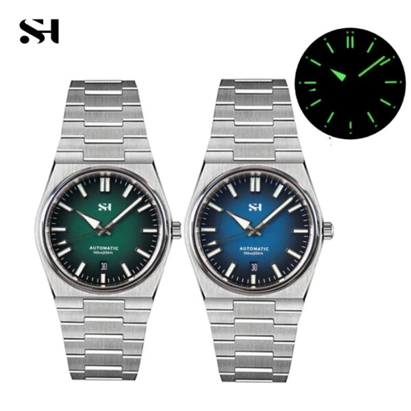 SH Stainless Steel Automatic Diver Men Watch PT5000 SW200 Full Brushed Bracelet See-Through Back 10ATM Waterproof