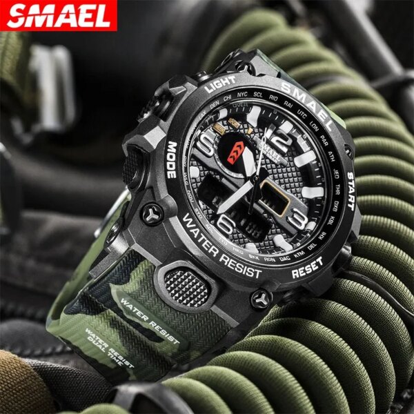 SMAEL New Sport Watch Mens 50M Waterproof Clock Alarm 1545D Dual Display Wristwatch Quartz Military Watches For Men