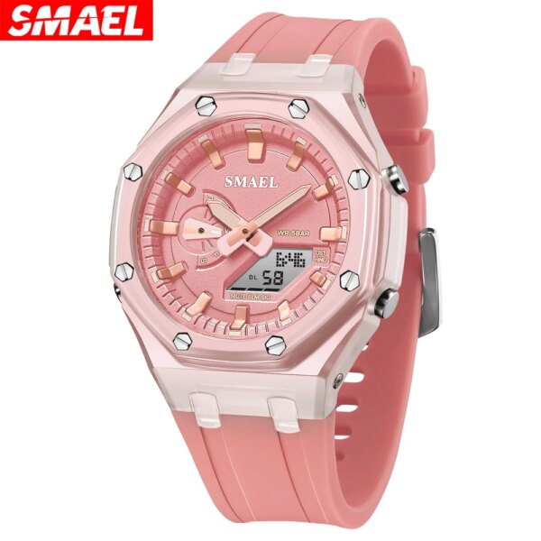 SMAEL Quartz Watch Women Dual Time Fashion Casual Silicone Digital Strap Back Light Student Girl Sports Watch Female Wristwatch